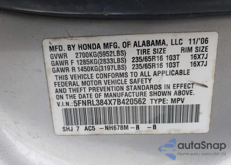 2007 Honda Odyssey Ex z USA, uszkodzony, nr VIN 5FNRL384X7B420562